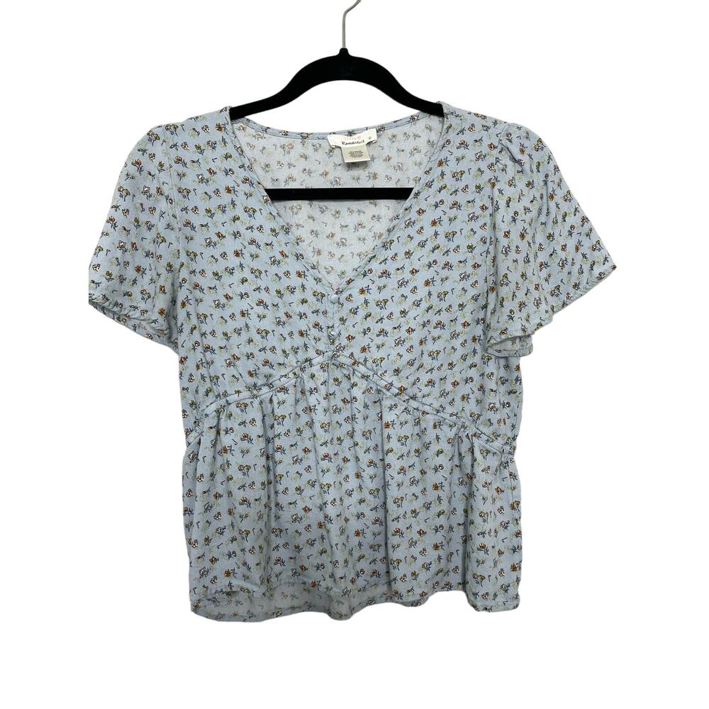 Urban Romantics Blouse Short Flutter Sleeve V-Neck Peplum Ruffled Floral Blue L - Picture 1 of 7